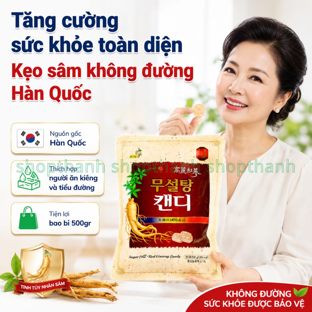 Kẹo Sâm Không Đường Hàn Quốc 500g Bổ Sung Năng Lượng, Tăng Đề Kháng Cho Người Ăn Kiêng Và Cao Tuổi