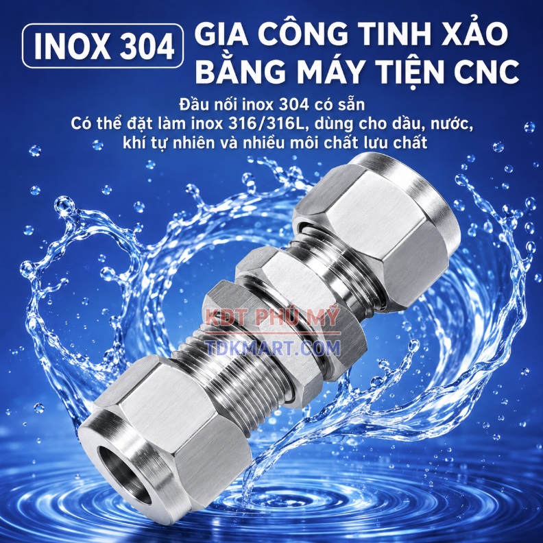 Đầu nối xuyên vách inox 304 hai đầu hạt bắp