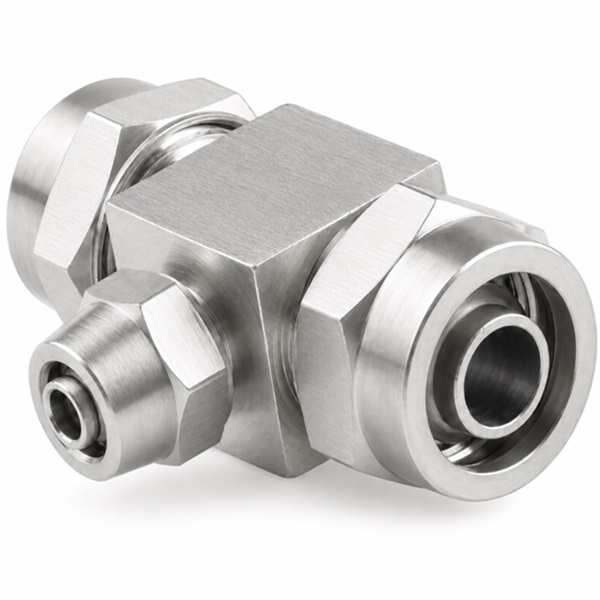 Đầu nối chữ T giảm Inox 304 có 3 đầu siết ống khí nén