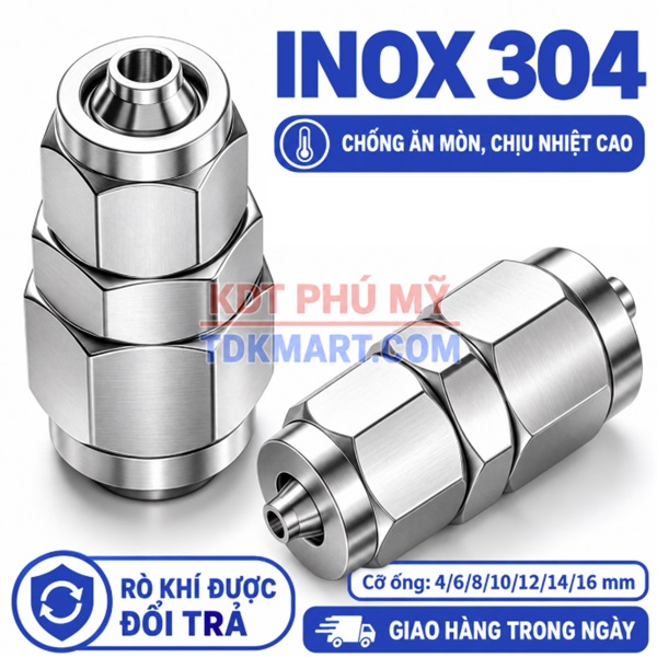 Đầu nối giảm thẳng Inox 304 2 đầu siết ống khí nén chịu nhiệt chịu mài mòn