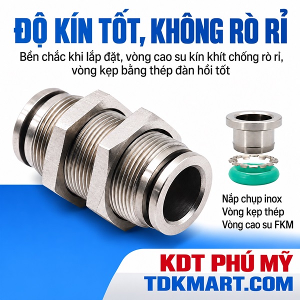 Đầu nối nhanh khí nén inox 304 thẳng 2 đầu ghim ống và có ốc siết thành xuyên vách CHỐNG RÒ RỈ