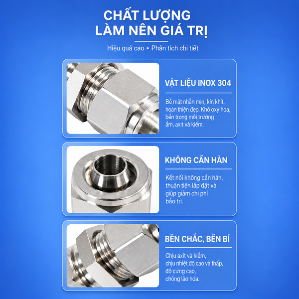 Đầu nối Inox 304 có 2 đầu siết ống siết thành chất lượng