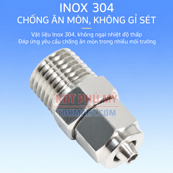 Đầu nối thẳng Inox 304 có 1 đầu siết ống và 1 đầu ren ngoài chống ăn mòn