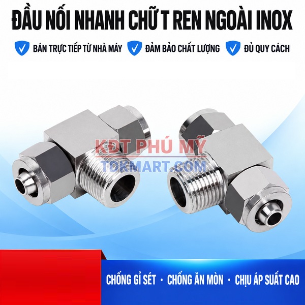 Đầu nối chữ T Inox 304 2 đầu siết ống và 1 đầu ren ngoài đảm bảo chất lượng