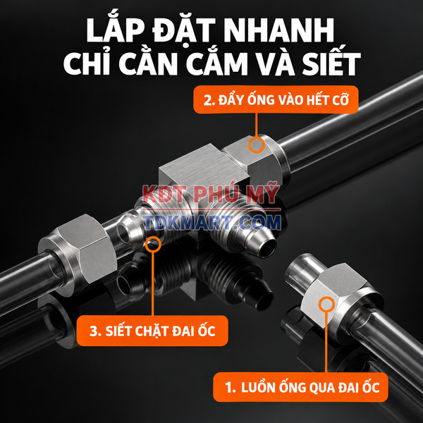 Đầu nối chữ T giảm Inox 304 có 3 đầu siết ống khí nén lắp nhanh