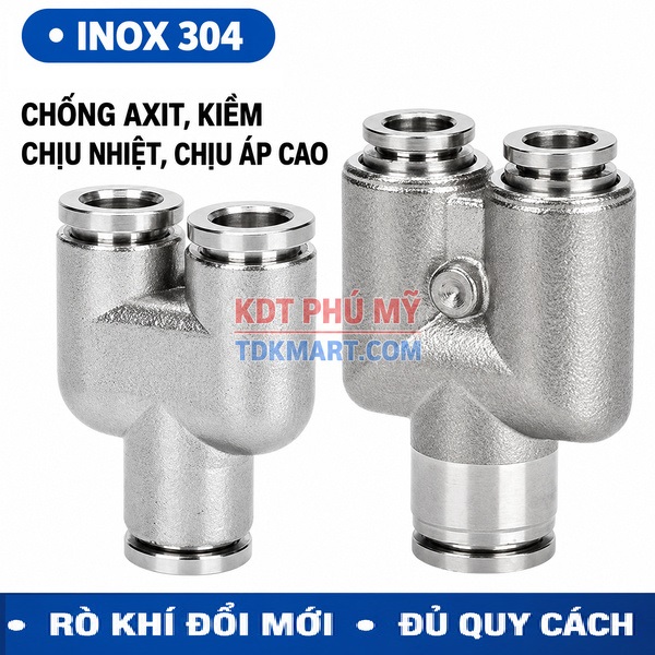 Đầu nối nhanh khí nén chữ Y Inox 304 3 đầu ghim ống CHỐNG AXIT