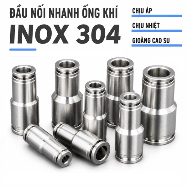 Đầu nối nhanh khí nén Inox 304 giảm thẳng 2 đầu ghim ống