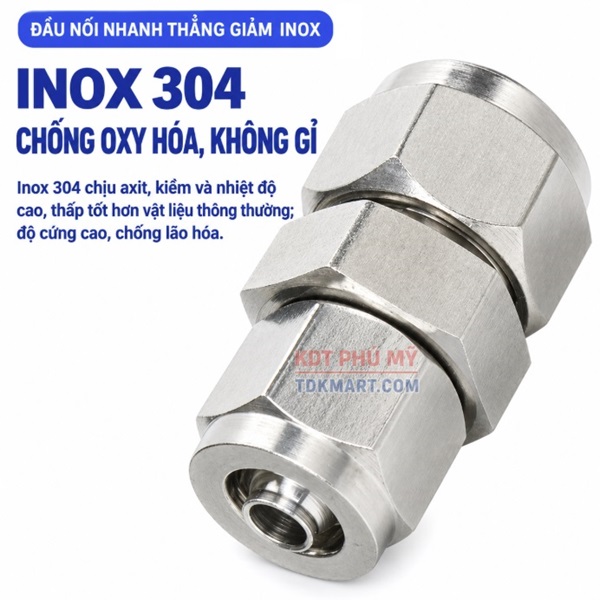 Đầu nối giảm thẳng Inox 304 2 đầu siết ống khí nén chống rò rit