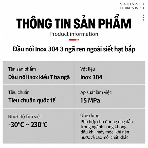 Đầu nối chữ T Inox 304 2 đầu siết hạt bắp và 1 đầu ren ngoài - thông tin sản phẩm
