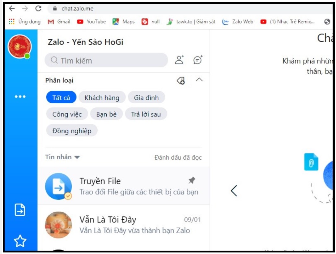 Tài khoản Zalo thứ nhất đã được đăng nhập trên Zalo web.