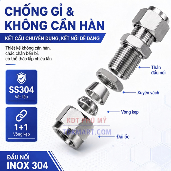 Đầu nối ống inox 304 xuyên vách