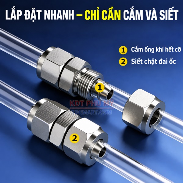 Đầu nối Inox 304 có 2 đầu siết ống lắp nhanh