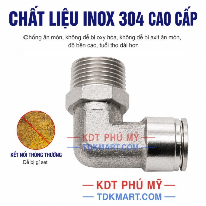 Co nối nhanh khí nén Inox 304 1 đầu ghim ống và 1 đầu ren ngoài inox 304 cao cấp