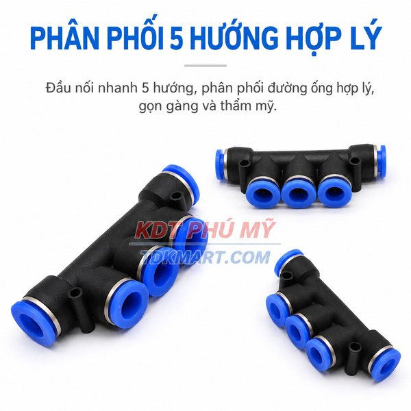 Đầu nối nhanh khí nén ngã 5 có 5 đầu ghim ống GỌN VÀ THẨM MỸ