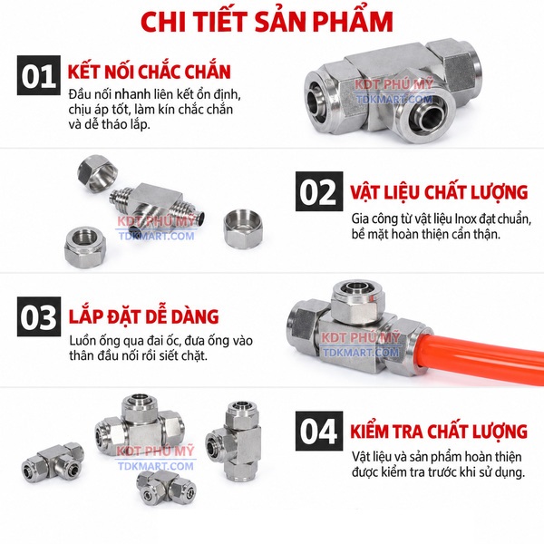 Đầu nối chữ T giảm Inox 304 có 3 đầu siết ống khí nén CHI TIẾT SẢN PHẨM