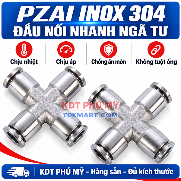 Đầu nối nhanh khí nén ngã tư Inox 304 4 đầu ghim ống CHỊU ÁP