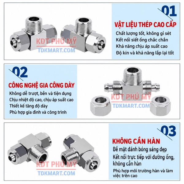 Đầu nối chữ T Inox 304 2 đầu siết ống và 1 đầu ren ngoài không cần hàn