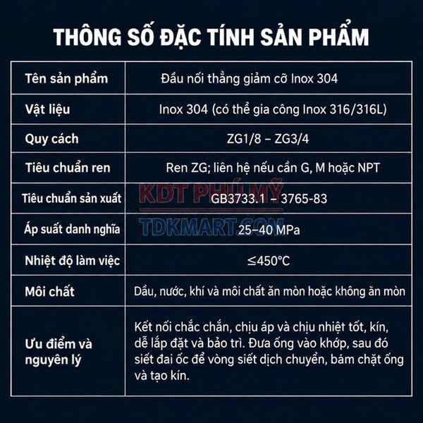 Đầu nối giảm thẳng Inox 304 2 đầu siết hạt bắp thông số sản phẩm