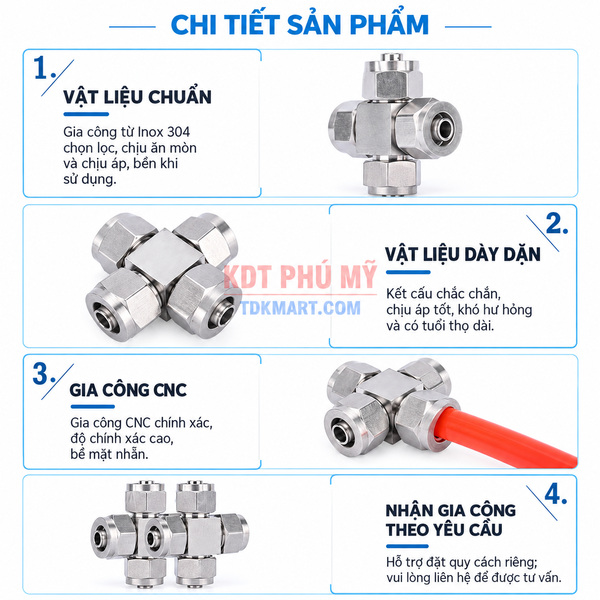Đầu nối ngã tư Inox 304 4 đầu siết ống CHI TIẾT SẢN PHẨM