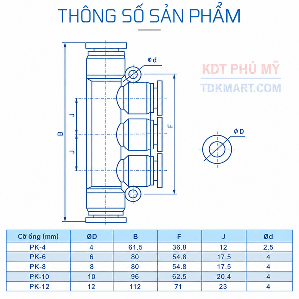 Đầu nối nhanh khí nén ngã 5 có 5 đầu ghim ống THÔNG SỐ SẢN PHẨM