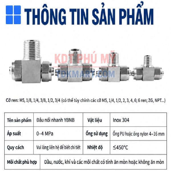 Đầu nối chữ T Inox 304 2 đầu siết ống và 1 đầu ren ngoài THÔNG TIN SẢN PHẨM