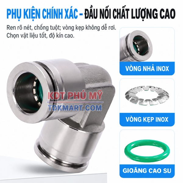 Co nối nhanh khí nén Inox 304 2 đầu ghim ống ĐỘ KÍN CAO