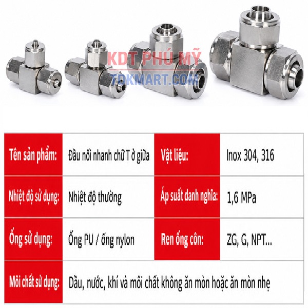 Đầu nối chữ T giảm Inox 304 có 3 đầu siết ống khí nén MÔI CHẤT SỬ DỤNG
