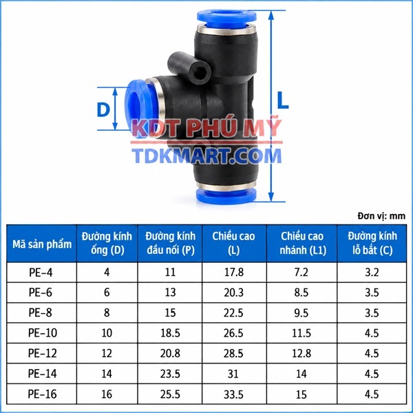 Đầu nối khí nén chữ T THÔNG SỐ SP