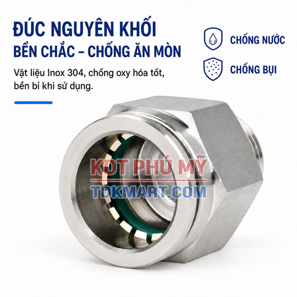 Đầu nối nhanh khí nén Inox 304 thẳng 1 đầu ghim ống và 1 đầu ren ngoài bền chắc