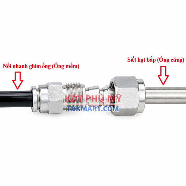 Đầu nối khí nén thép không gỉ 304 có 1 đầu ghim ống và 1 đầu siết hạt bắp thuộc dòng PZI