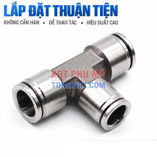 Đầu nối nhanh khí nén chữ T Inox 304 3 đầu ghim ống DỄ THAO TÁC