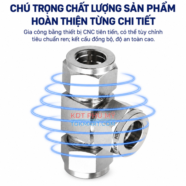 Đầu nối Inox 304 dạng chữ T có 3 đầu siết hạt bắp ĐỒNG BỘ