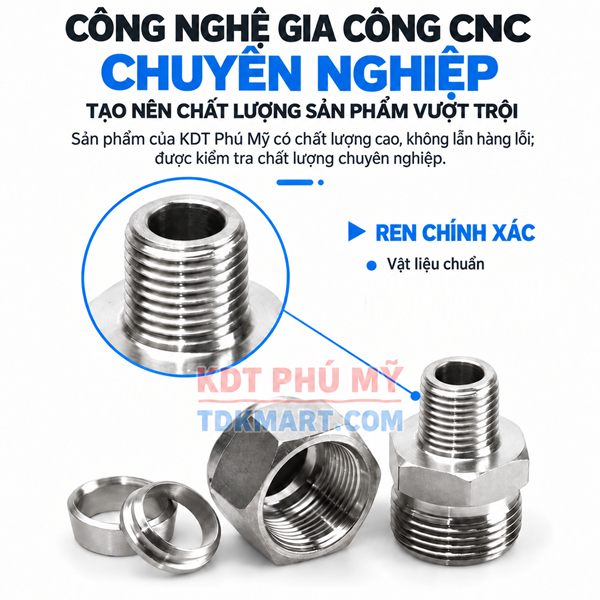 Đầu nối thẳng Inox 304 1 đầu siết hạt bắp 1 đầu ren ngoài REN CHÍNH XÁC