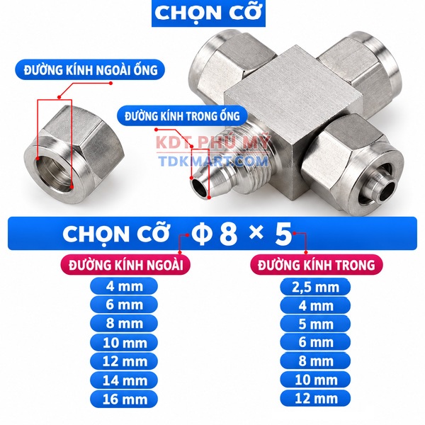 Đầu nối ngã tư Inox 304 4 đầu siết ống CHỌN SIZE ỐNG