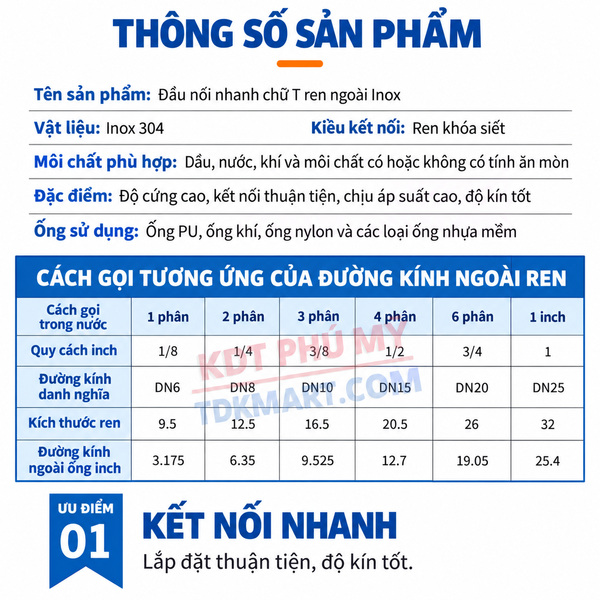 Đầu nối chữ T Inox 304 2 đầu siết ống và 1 đầu ren ngoài THÔNG SỐ SẢN PHẨM