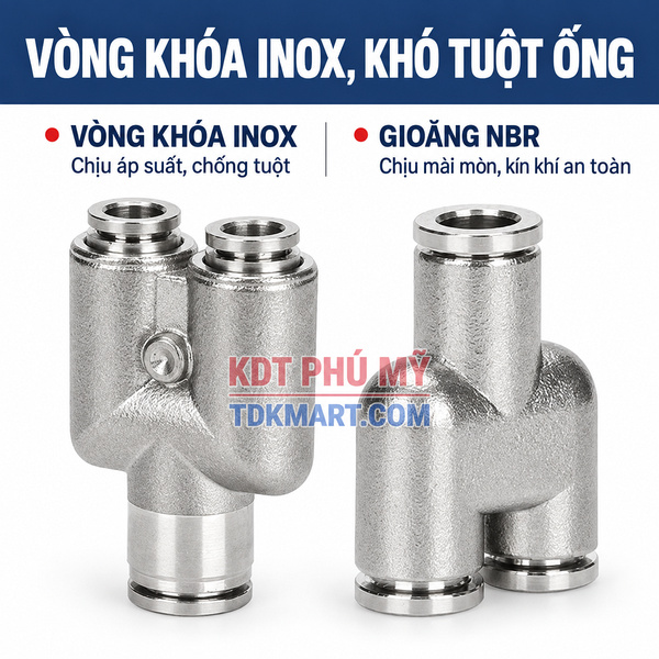 Đầu nối nhanh khí nén chữ Y Inox 304 3 đầu ghim ống KHÓ TUỘT ỐNG