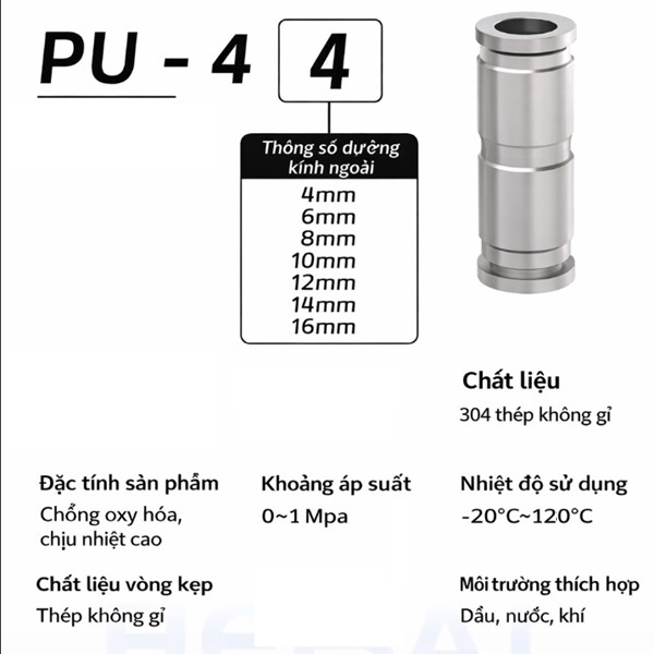 Đầu nối nhanh khí nén Inox 304 thẳng 2 đầu ghim ống CHỊU ÁP CAO