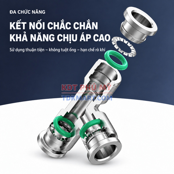 Đầu nối nhanh khí nén chữ T Inox 304 3 đầu ghim ống CẤU TẠO