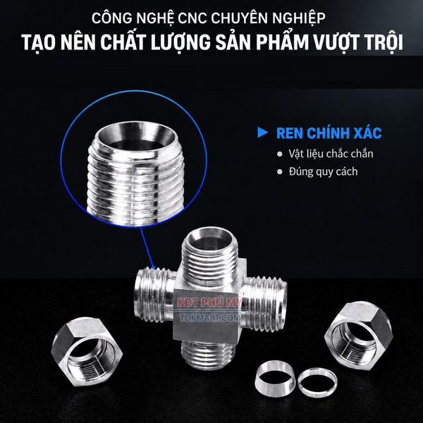 Đầu nối inox 304 chia 4 ngã 4 đầu siết hạt bắp REN CHÍNH XÁC