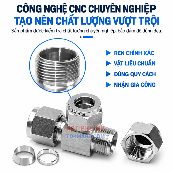 Đầu nối Inox 304 dạng chữ T có 3 đầu siết hạt bắp REN CHÍNH XÁC