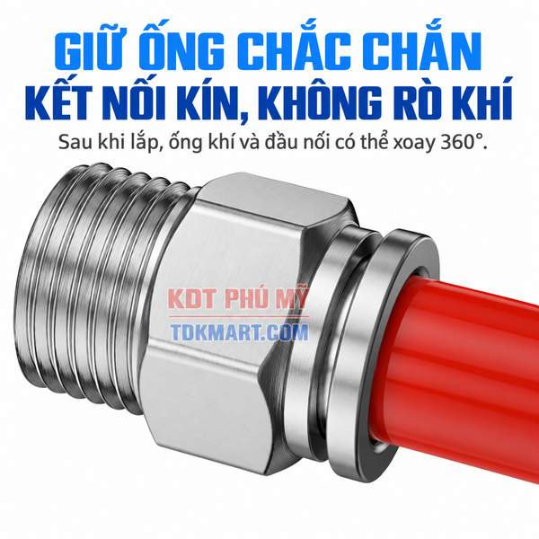 Đầu nối nhanh khí nén Inox 304 thẳng 1 đầu ghim ống và 1 đầu ren ngoài xoay 360 độ