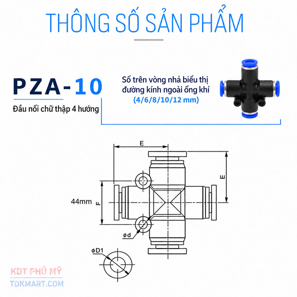 Đầu nối chữ thập khí nén 4 đầu ghim ống bằng nhau THÔNG SỐ SẢN PHẨM