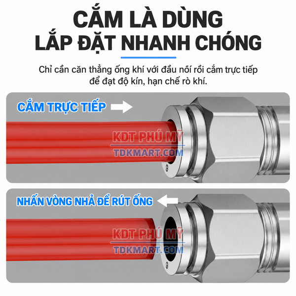 Đầu nối nhanh khí nén Inox 304 thẳng lắp đặt nhanh