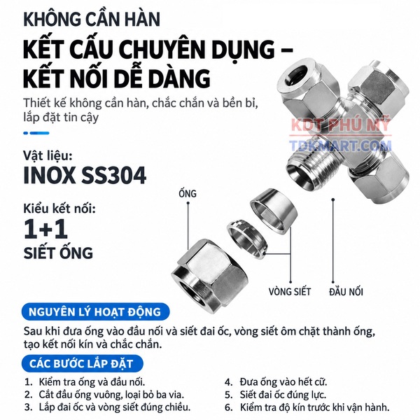 Đầu nối inox 304 chia 4 ngã 4 đầu siết hạt bắp KHÔNG CẦN HÀN