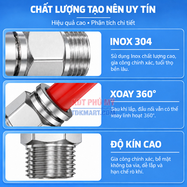 Đầu nối nhanh khí nén Inox 304 thẳng độ kín cao xoay 360 độ
