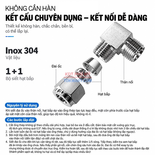 Co nối Inox 304 có 2 đầu siết hạt bắp KHÔNG CẦN HÀN