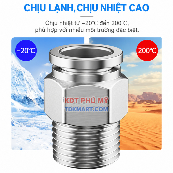 Đầu nối nhanh khí nén Inox 304 thẳng chịu lạnh chịu nhiệt cao