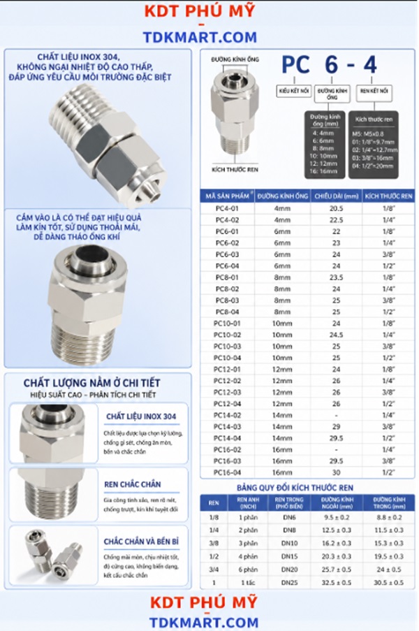 Thông số kỹ thuật Đầu Nối Thẳng Inox 304 Có 1 Đầu Siết Ống Và 1 Đầu Ren Ngoài