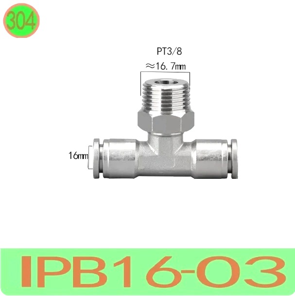 T nối nhanh Inox ống 16- Ren ngoài 3/8  Model: IPB14-03  Vật liệu: Inox 304