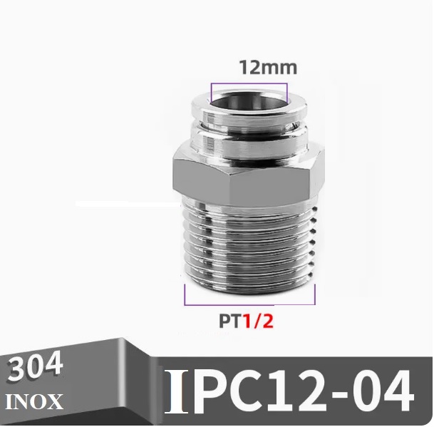 Đầu nối nhanh Inox thẳng ống 12 - Ren ngoài 1/2 =21mm